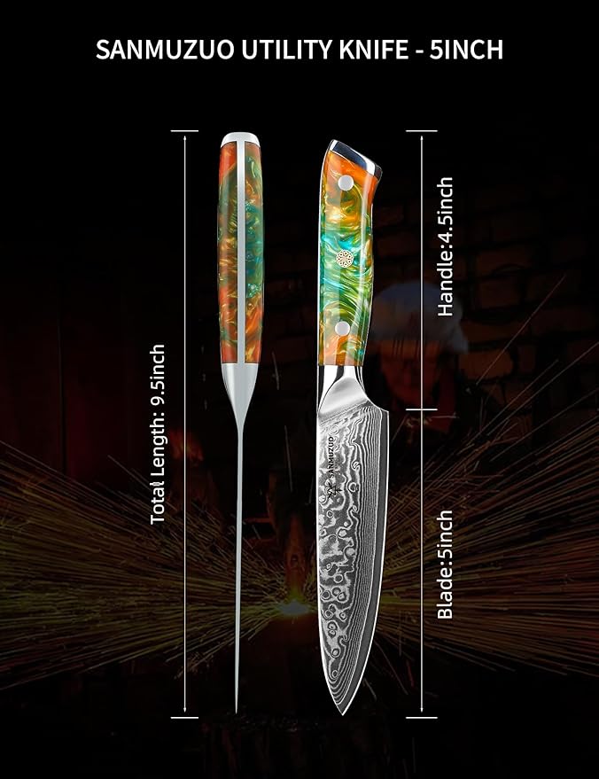 5 Inch Kitchen Utility Knife - Xuan Series Kitchen Knives - VG10 Damascus Steel with Resin Handle (Fantasy Orange)