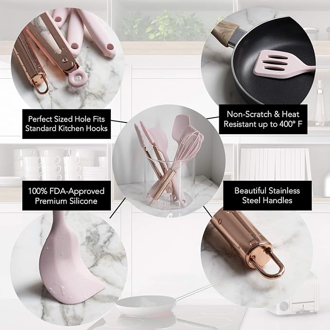 COOK WITH COLOR Silicone Cooking Utensils, Kitchen Utensil Set, Easy to Clean Silicone Kitchen Utensils, Cooking Utensils for Nonstick Cookware, Kitchen Gadgets Set, Mini, Pink