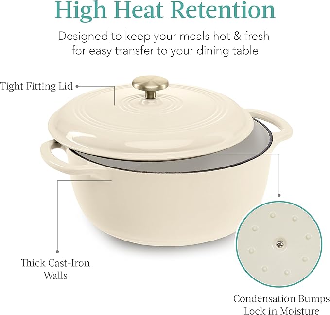 Best Choice Products 6 Quart Enamel Cast-Iron Round Dutch Oven, Family Style Heavy-Duty Pre-Seasoned Cookware for Home, Kitchen, Dining Room, Oven Safe w/Lid, Dual Handles - Vanilla Buttercream