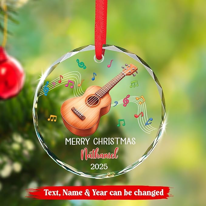Ukulele Musical Instrument Glass Ornament Xmas 2025, Personalized Instrument Christmas Ornament Gift for Ukulele Player, Ukulelist Keepsake Christmas Tree, Custom Text & Name Musician Glass Ornaments