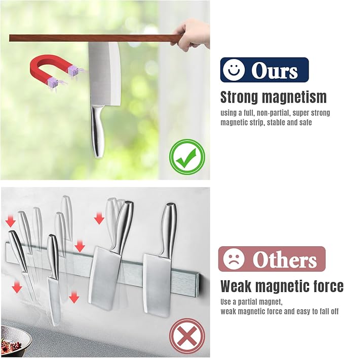 Dmore magnetic knife holder for wall—with 2 hooks, No Drilling 20 Inch walnut knife magnetic strip, Powerful knife magnet rack, include Adhesive Tape and screws for Knives, Utensils, and Tools