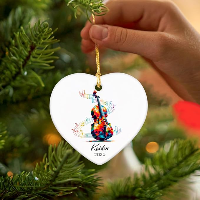 2025 Custom Cello Player Ceramic Ornaments with Name & Year, Cello Instrument Xmas Ornament Gifts for Cellist, Personalized Musician Christmas Ornament Tree Hanging, Cellist Ceramic Keepsake Decor