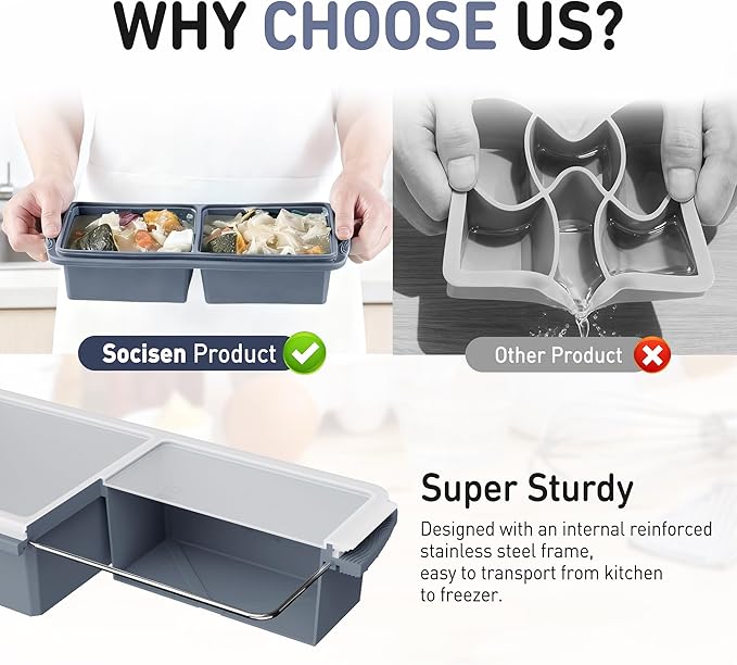 Silicone Freezer Tray with Lid Soup Freezer Container Molds with Steel Reinforced Rim Large Ice Cube Tray Makes 4 Perfect 2 Cup Portions Cubes Storage Food Housewarming Gift Kitchen Must Haves