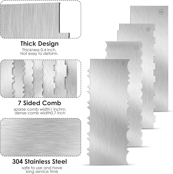 4 Pcs Stainless Steel Cake Scraper 10 Inch Metal Scraper for Cake Smoother Cake Decorating Comb Contour Double Sided Patterned Edge Stripe Tool Cake Cutter for Mousse Cream Pastry Baking