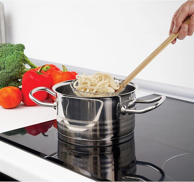 Helen’s Asian Kitchen Spider Strainer | 5-Inch Stainless Steel Wire Mesh Ladle with Sustainable Wood Handle for Frying, Cooking, and Draining