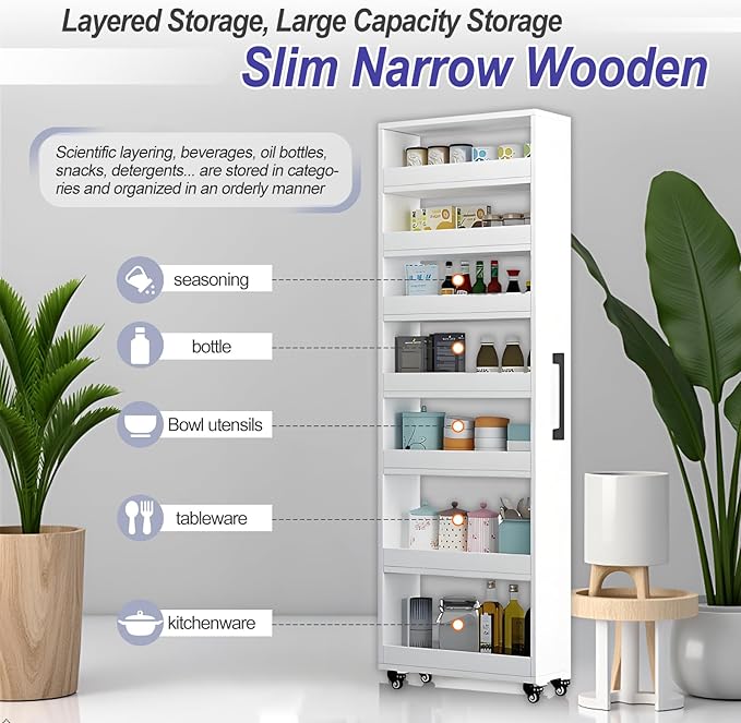 7-Tier Slim Storage Cart, Wooden Rolling Pantry Cabinet with Wheels, Narrow Shelf Organizer for Kitchen, Bakers Rack, Dining Room, Closet, Small Spaces Warm White 47.2" H*7.8" W*23.6" D