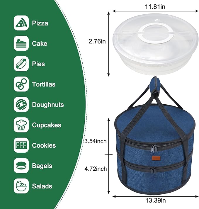 Aufind 12" 2 Pack Pie Carrier with Lid and Insulated Food Carrying Case Bag, Reusable Food Storage Containers for Pies, Cheesecake, Pizza, Nuts Fruit (Blue)