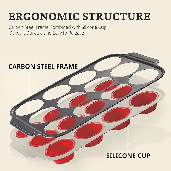 Silicone Muffin Pans for Baking with Metal Frame, Egg Bite Molds, Cupcake Pans 12 Regular Size, Muffin Tins Easy to Pop Nonstick Non Toxic Bakeware for Oven, Red