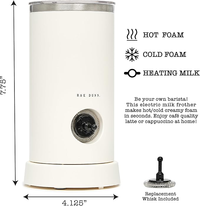 Rae Dunn Electric Milk Frother Steamer -Stylish Automatic Milk Steamer and Frother, Milk Warmer, Hot and Cold Foam Maker for Coffee, Latte, Cappuccino, Macchiato - 550 Watt (Cream)