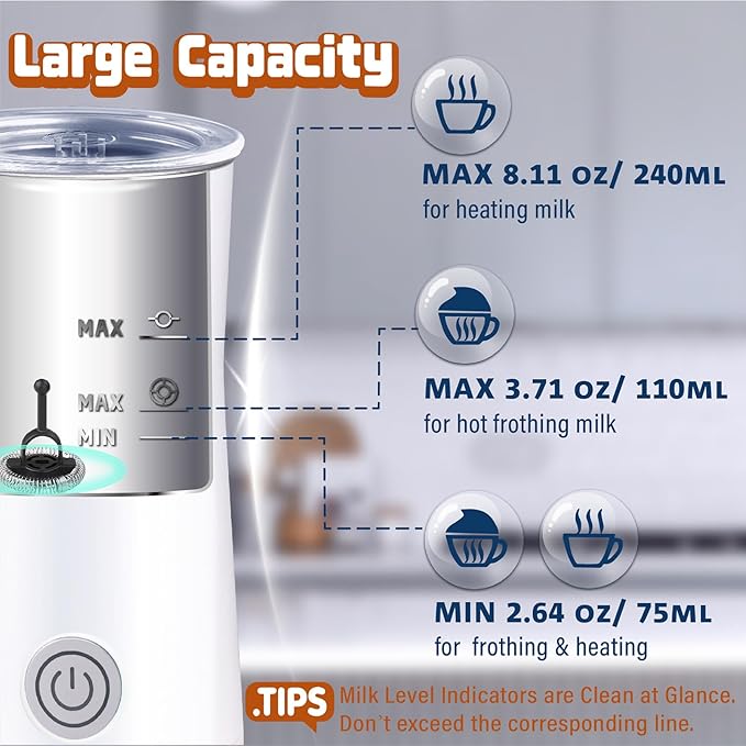 Simple Milk Frother, 2 in 1 Milk Steamer and Frother, Electric Milk Steamer, Milk Warmer and Hot Milk Foam Maker for Latter, Macchiato, Cappuccinos (White)