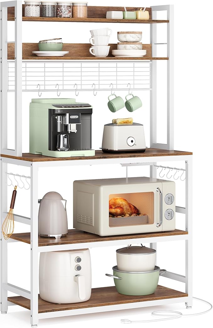 VASAGLE Hutch Bakers Rack with Power Outlet, 14 Hooks Microwave Stand, Adjustable Coffee Bar with Metal Wire Panel, Kitchen Storage Shelf, 15.7 x 31.5 x 66.9 Inches, Rustic Walnut and White UKKS025W41