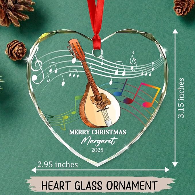 Personalized Mandolin Musical Instrument Glass Ornament, Customized Year Text Name Christmas Ornaments Gift for Mandolinist Women Men Mandolin Musical Player, Mandolins Instrument Glass Xmas Ornament