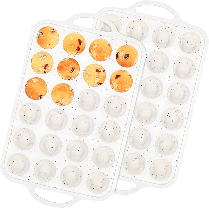 Muffin Pans With Metal Reinforced Frame - 24 Cups Durable Silicone Baking Pan for Muffins, Cupcakes, BPA Free and Dishwasher Safe - Beige with Rainbow Spots, Set of 2