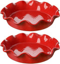 LE TAUCI Ceramic Pie Pans for Baking, 11 Inches Deep Dish Pie Plate for Apple Pie, 48 Ounce Baking Dish with Ruffled Edge, Set of 2, Red