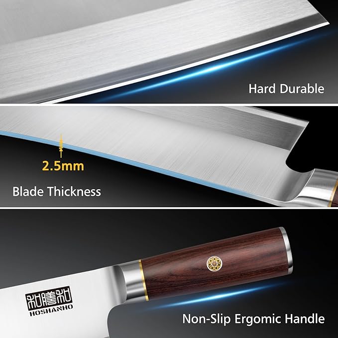 HOSHANHO 7 inch Cleaver Knife, High Carbon Powder Steel Meat Cleaver, Bone Chopper Butcher Knife with Ergonomic Wooden Handle for Home Kitchen and Restaurant