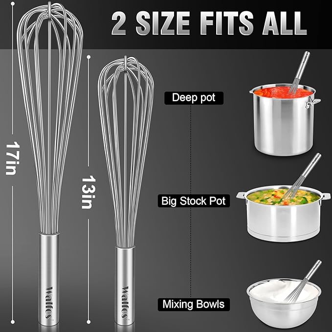 Walfos Whisks Large Whisk Set of 2, Heavy Duty Stainless Steel Wire Whisk Ideal For Beating Eggs, Mixing Batter & Blending Sauces.（13in+17in)