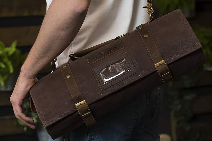Asaya Waxed Canvas Knife Roll - 15 Knife Slots, Card Holder and Large Zippered Pocket - Genuine Leather, Cloth and Brass Buckles - for Chefs and Culinary Students - Knives Not Included