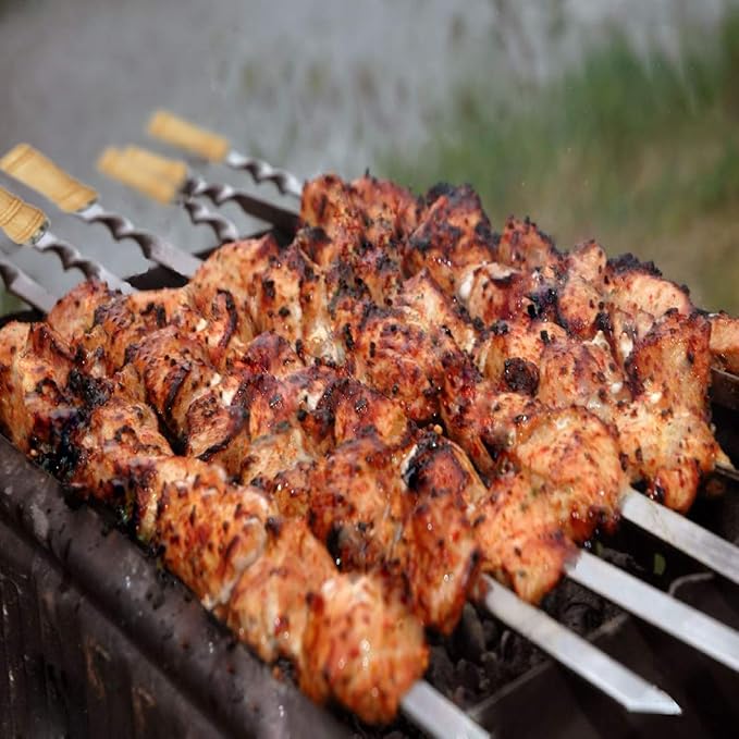 Antallcky 12 Pack Kebab Skewers 23.5 Inch BBQ Barbecue Skewers Stainless Steel Sticks Heavy Duty Large Wide Reusable with Nonslip Wooden Handle Ideal for Shish Kabob Chicken Shrimp and Vegetables