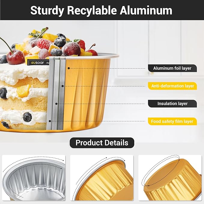 EUSOAR Aluminum Muffin Cups with Lid, 100pcs 5oz Muffin Liners Cups with Lids, Disposable Foil Ramekins, Aluminum Cupcake liners, Creme Brulee Ramekins, Aluminum Foil Cupcake Baking Cups Holders Pans