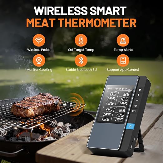 Smart Bluetooth Wireless Meat Thermometer, Real-Time Monitoring Control Digital Thermometer with Smart App, 4 Meat Probes IP67 Waterproof High Accuracy Perfect for BBQ, Oven, Grill & Smoker