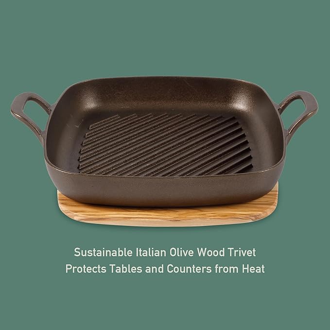 Bloomhouse Natural Bronze Finish 12-Inch Square Cast Iron Grill Pan – Olive Oil Treated Surface with Dual Handles & Olive Wood Trivet, Oven, Grill & Campfire Safe