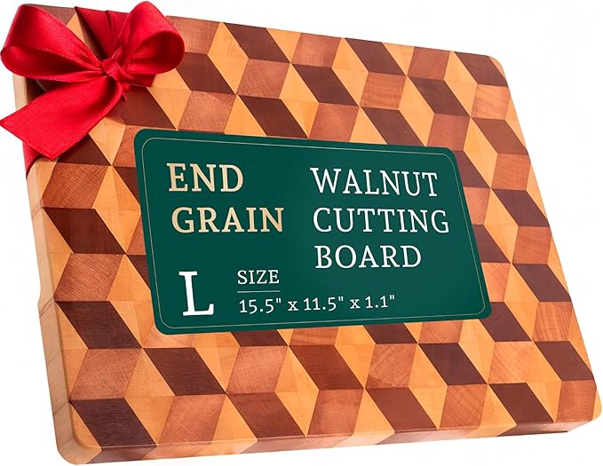 End Grain Wooden Cutting Board for Kitchen 15.5"x 11.5" - Walnut Hardwood Chopping Block with Non Slip Grips - Ideal for Charcuterie & Meat Butcher - Handmade 3D Design Wood (1.1'' Thick, Large)