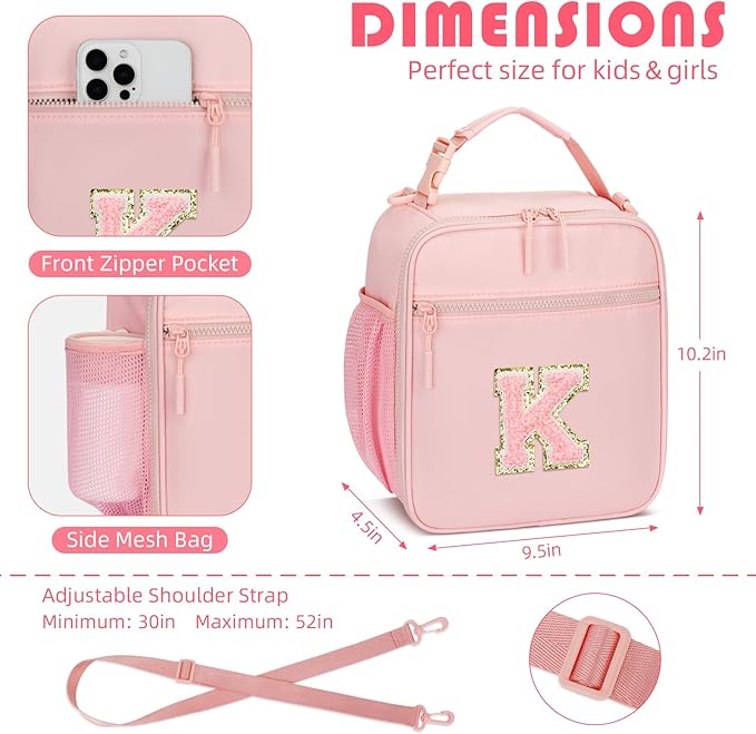 Initial Insulated Lunch Bag for Girls Kids, Back to School Gift, Reusable Leak-proof Lunch Box with Adjustable Strap for School Daycare Travel Picnic (Pink,K)