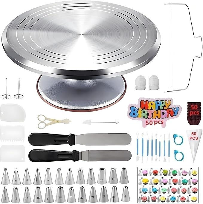 198 Pcs Cake Decorating Kit with Aluminium Alloy Cake Turntable,24 Numbered Icing Piping Tips,2 Couplers,2 Cake Spatulas,3 Comb Scrapers,8 Carved Pens, 50 Pastry Bags,50 Cake Flags