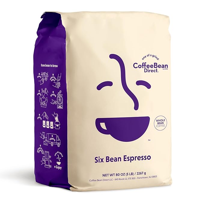 Coffee Bean Direct Six Bean Espresso, Whole Bean Coffee, Dark Roast, 5 Pound Bag (Pack of 1)