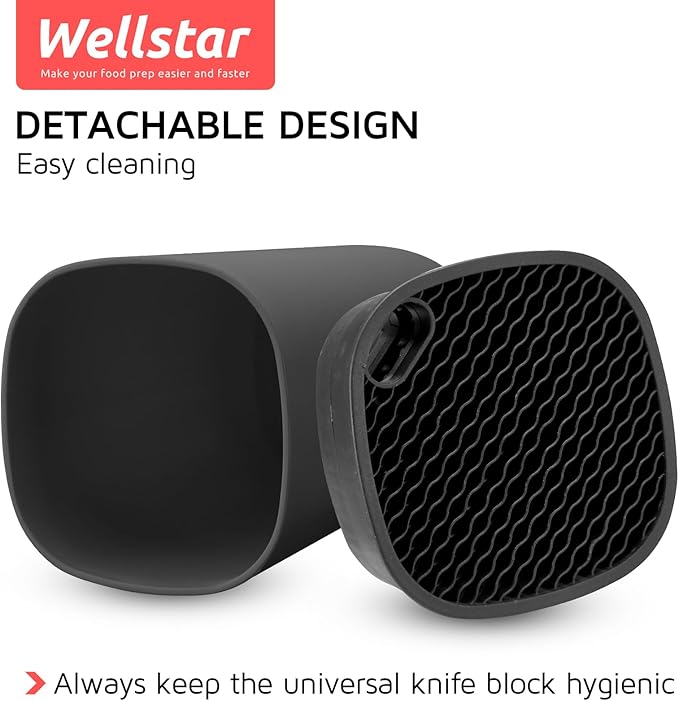 Universal Knife Block Holder for Kitchen, WELLSTAR Knife Stand without Knives, Safe Space Saver Large Volume Stable Knife Storage with Scissors Slot, Detachable for Easy Cleaning – Black