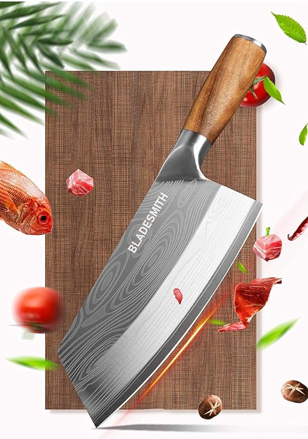Cleaver Knife, Chinese Chef's slicing Knife, Razor sharp HC German Stainless Steel blade with lasered damascus pattern, pearwood Handle, Kitchen Gift