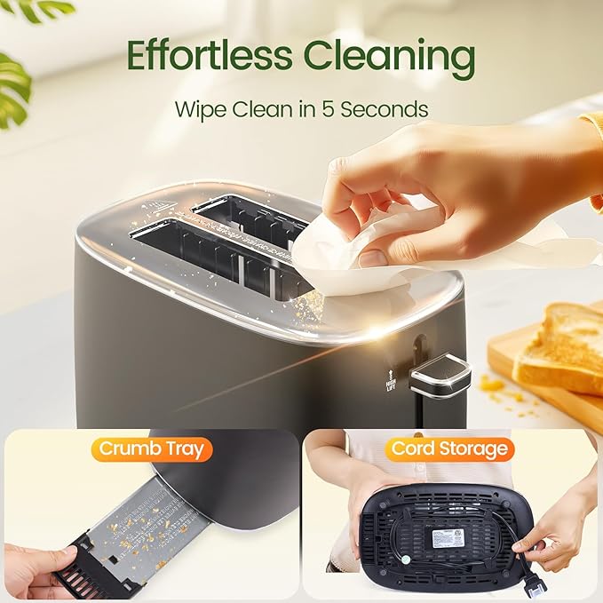 Topzee Toaster 2 Slice, Wide Slot for Toasting Bagel Muffin Waffle Gluten Free Breads, 7 Shade Settings, Defrost & Reheat, Stainless Steel, Easy Clean, Black
