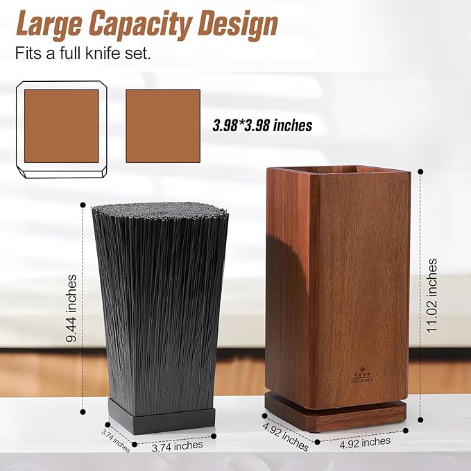 360° Rotating Magnetic Knife Block without Knivies, Acacia Wood Knife Holder with Removable Bristles, Large Capacity Knife Storage Organizer for Kitchen Countertop