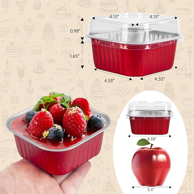 50 Pcs Mini Square Baking Cups with Lids,10oz Aluminum Foil Mini Cake Pans with Lids,Disposable Ramekins Cake Pans,300ml Dessert Cups Cupcake Pans for Wedding Birthday Party,Red