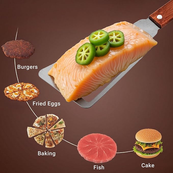 Stainless Steel Fish Spatula with Wooden Handle, Metal Spatula Flipping Foods, Slotted Fish Flipper, Brown 1 Pack