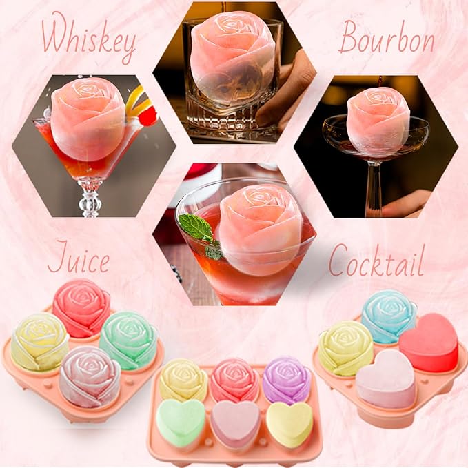 Silicone Ice Cube Trays for Freezer, 2 Pack Cute Ice Cube Tray with Lid,Rose Ice Mold and Heart Ice Mold Make 6 Giant Cute Flower Shape Ice for Cocktails Whiskey Bourbon,Father's day gifts