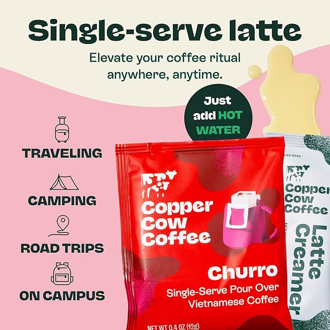 Copper Cow Coffee Pour Over Vietnamese Coffee Pouches + Sweetened Condensed Milk Creamers (8 Coffees & 8 Milk Creamers) | Churro Lattes, No Refrigeration Needed, Travel Friendly