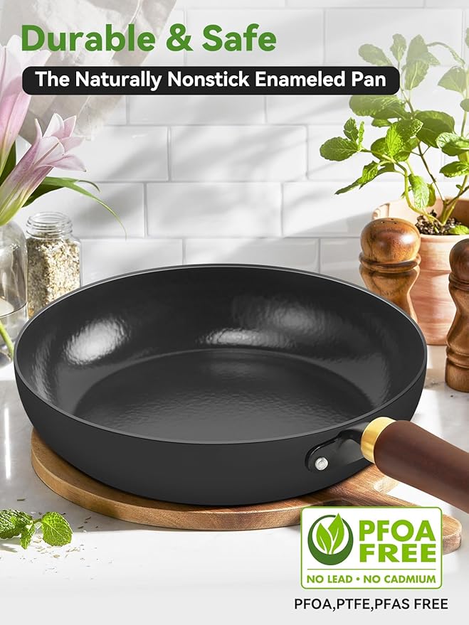 Enameled Carbon Steel Skillet, 9.5-Inch Nonstick Frying Pan, Stay-Cool Wooden Handle, Non Toxic, PTFE & PFOA Free Oven-Safe, Season-Free Carbon Steel Pan
