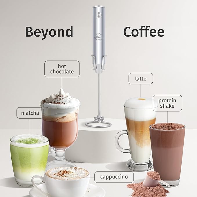 Zulay Kitchen Lux Rechargeable Milk Frother Handheld - Powerful 2-Speed Motor, Fully Waterproof, 2000mAh Battery - Drink Mixer For Latte, Cappuccino, Matcha, Protein Powder - Silver