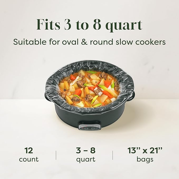 Slow Cooker Liners, Disposable Oval Large Size 13" x 21", 12 Count, Fits 3-8 Quart Pot Cooking Bags for Easy Cleanup, Food Safe & Leak-Proof