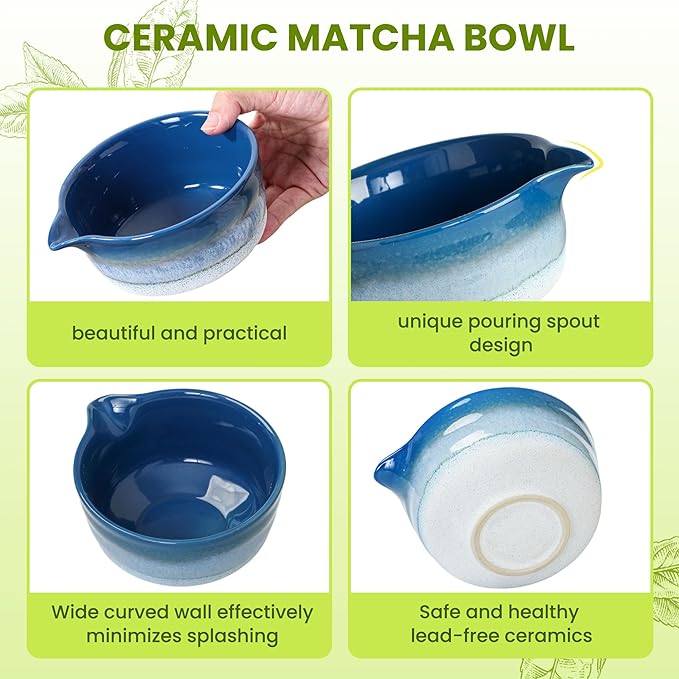 Matcha Whisk Set, Ceramic Matcha Set, Matcha Bowl, Matcha Whisk and Holder, Bamboo Scoop, Scoop Rest, Sifter and Tea Towel - 7 Pcs Matcha Kit for Lovers Family Birthday Gift (Blue)