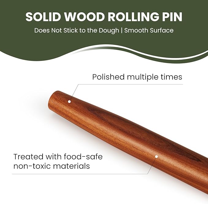 Natural Solid Bubinga Wood French Rolling Pin for Baking | Tapered Edges Type | High-Density Professional Dough Roller (French rolling pin - 15.75‘L)