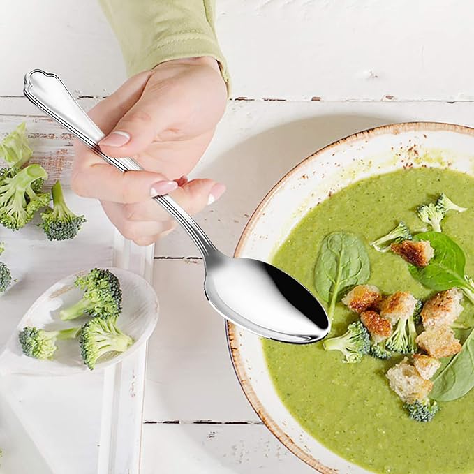 Dinner Spoons Set of 12, E-far 7.9 Inch Stainless Steel Soup Spoons Tablespoons for Home, Kitchen or Restaurant, Non-toxic & Mirror Polished, Scalloped Edge & Dishwasher Safe