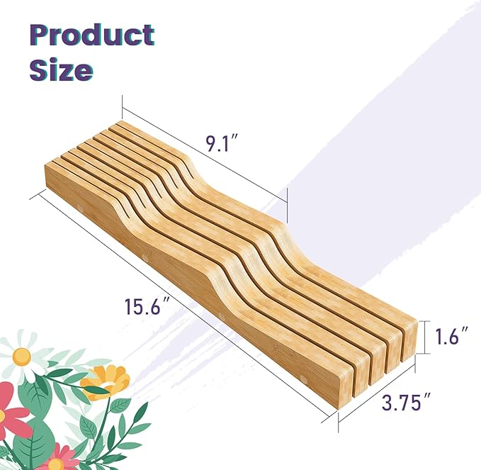 Bamboo In-Drawer Knife Block for 9 Knives(Not Included), Knife Drawer Organizer,Knife Holder Countertop,Block Knife Storage Organizer for Kitchen
