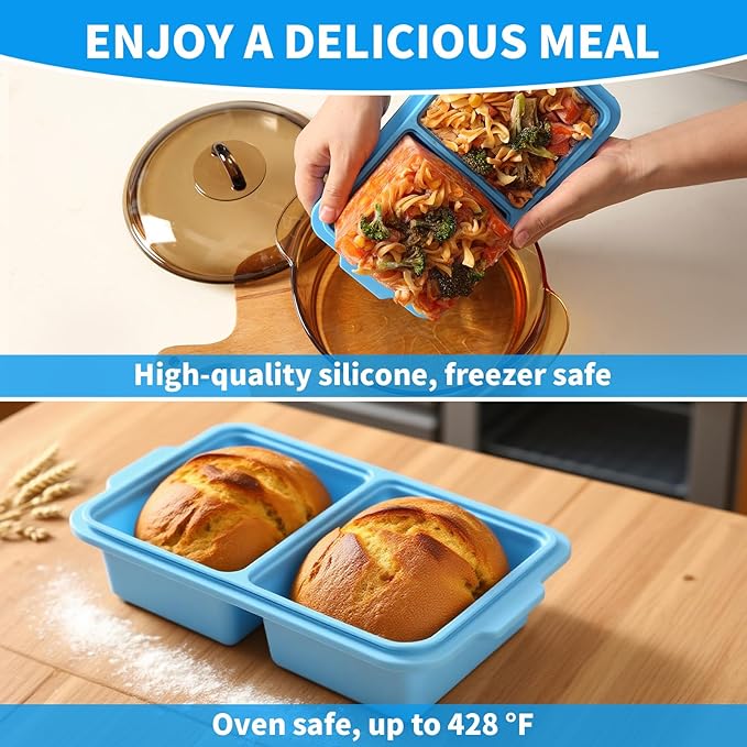 2 Cup Silicone Freezer Tray Ice Cubes with Lids and Date Mark for Storing Lasagna Leftovers Sauces Portioned Meals and More, Silicone Soup Freezer Molds for Meal Prepping 2 Pack Blue