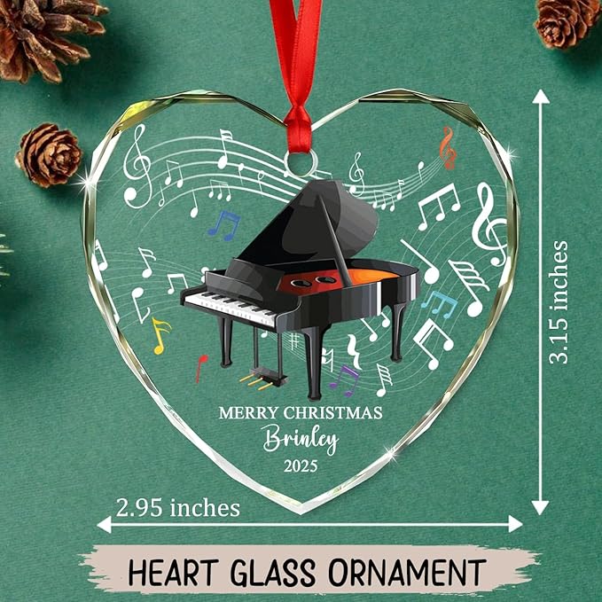 Unique Piano Glass Christmas Ornament Gift for Daughter Son Brother Sister Kids, Customized Year Text Name Piano Player Pianist Keepsake Ornaments, Personalized Piano Instrument Glass Xmas Ornament