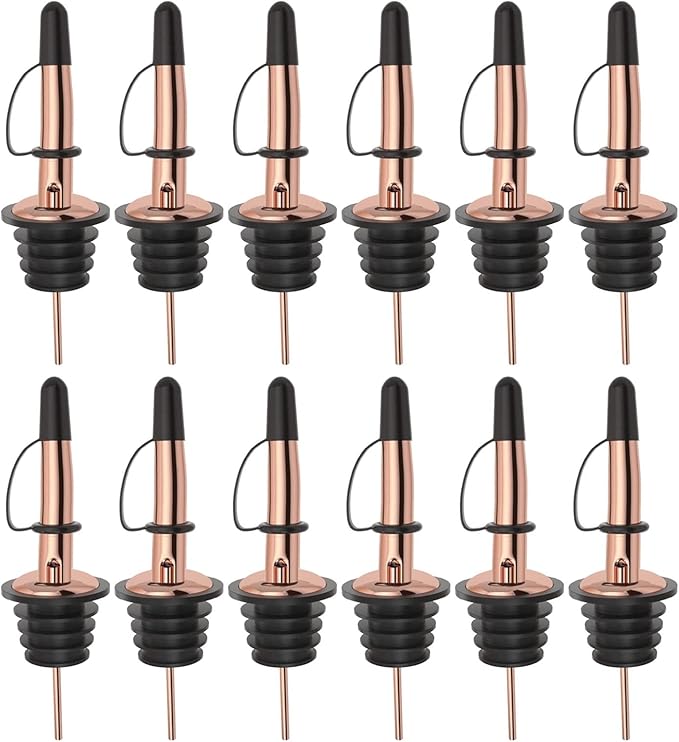 Pafusen 12 Pack Liquor Bottle Pourers, Liquor Pour Spout for Liquor Bottles, Stainless Steel Olive oil Dispenser Spout, Alcohol Pourer Dust Caps Covers Fixed, Rose Gold