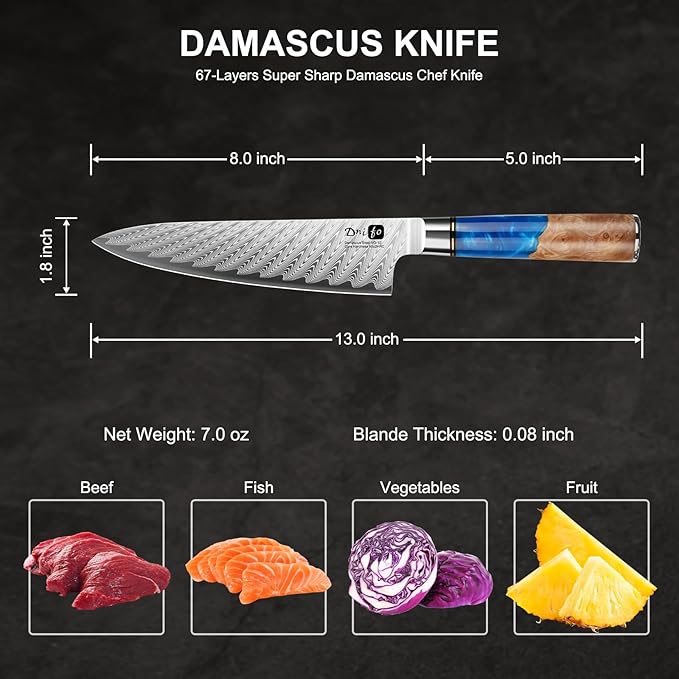 Chef Knife 8 Inch, Damascus VG-10 Steel Sharp Japanese Kitchen Knife with Gift Box and Resin Wood Handle, Ideal Birthday Gift for Men and Women