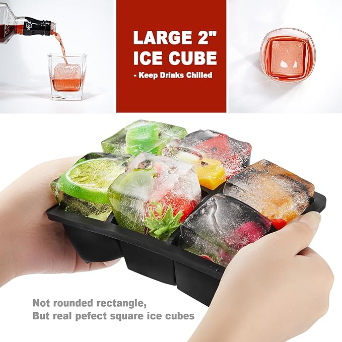 Nax Caki Large Ice Cube Tray with Lid Pack of 2, Stackable 2 Inch Big Silicone Square Ice Cube Mold for Whiskey Cocktails Bourbon Soups Frozen Treats, BPA Free