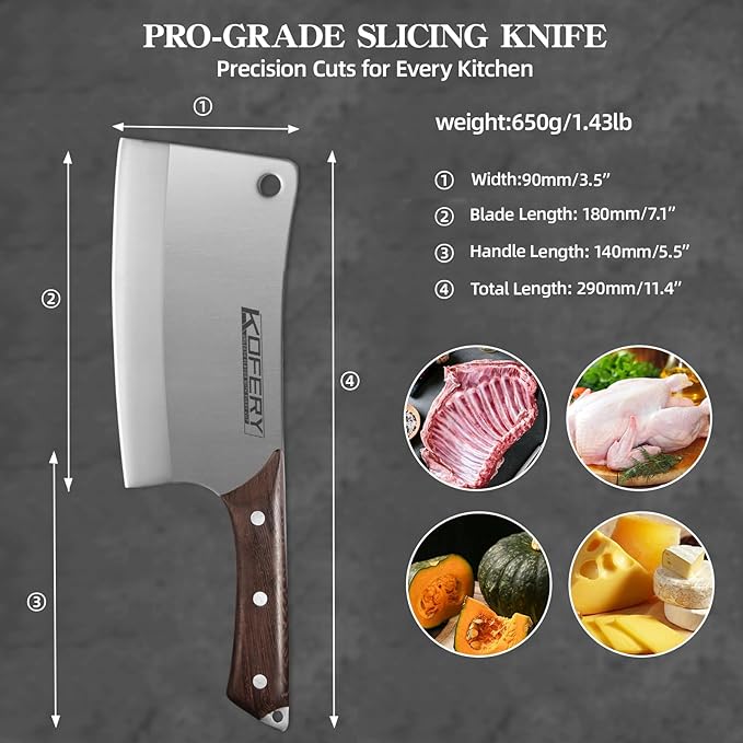 KOFERY 7 Inch Professional Meat Cleaver - Heavy Duty Bone Chopper, Butcher Knife for Meat and Bone Cutting, High Carbon Steel Chinese Cleaver with Wooden Handle